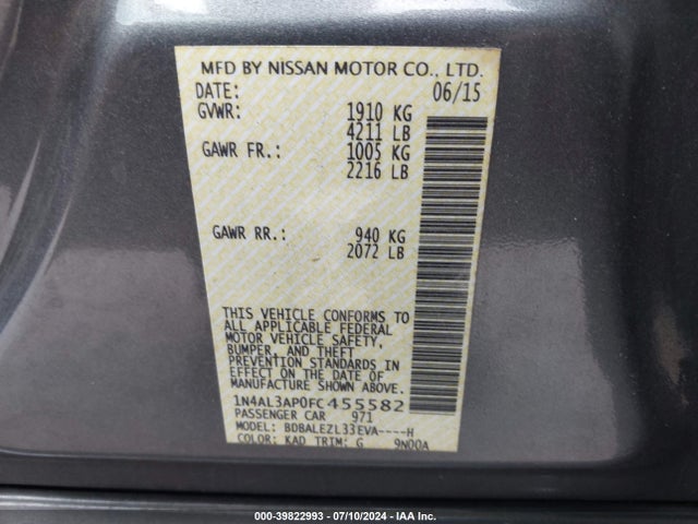 2015 Nissan Altima 2.5 S მანქანა იყიდება აუქციონზე, vin: 1N4AL3AP0FC455582, აუქციონის ნომერი: 39822993