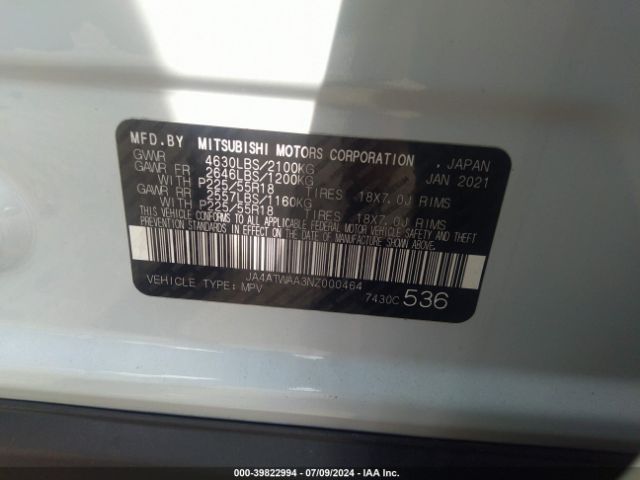 JA4ATWAA3NZ000464 Mitsubishi Eclipse Cross Se S-awc/se Special Edition S-awc/sel S-awc/sel Special Edition S-awc