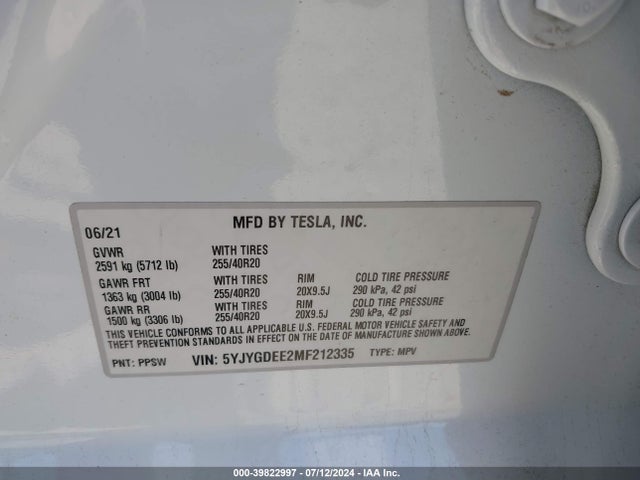 2021 TESLA MODEL Y 5YJYGDEE2MF212335 Photo 8