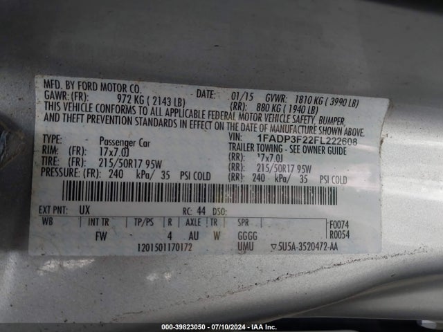 Ford FOCUS SE 2015 1FADP3F22FL222608 Image 9