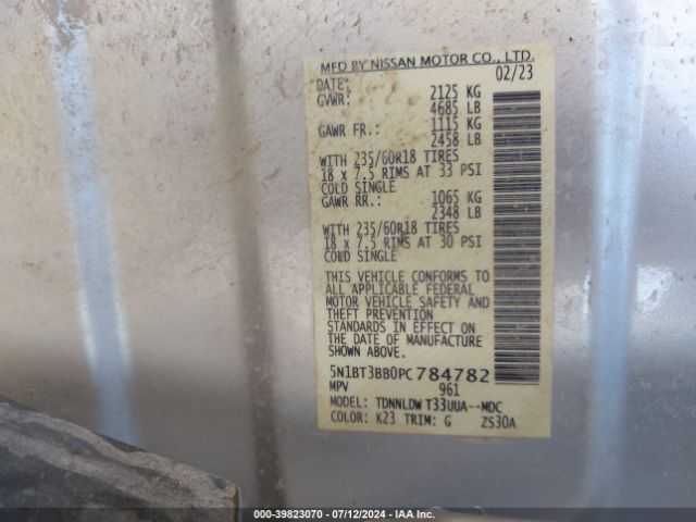 5N1BT3BB0PC784782 Nissan Rogue Sv Intelligent Awd