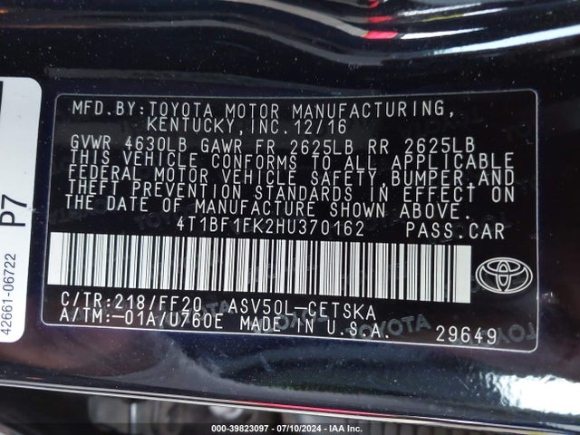 Toyota CAMRY SE 2017 4T1BF1FK2HU370162 Image 9