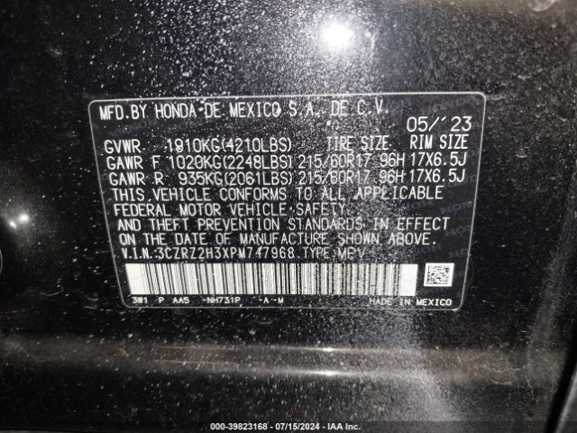 3CZRZ2H3XPM747968 Honda Hr-v Awd Lx