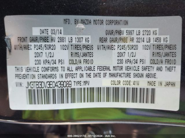 JM3TB3DV3E0439089 Mazda Cx-9 Grand Touring