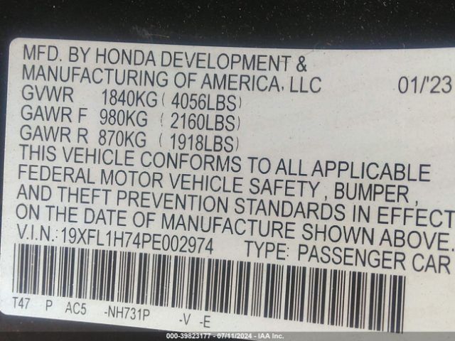 19XFL1H74PE002974 Honda Civic Ex-l /ex-l W/o Bsi