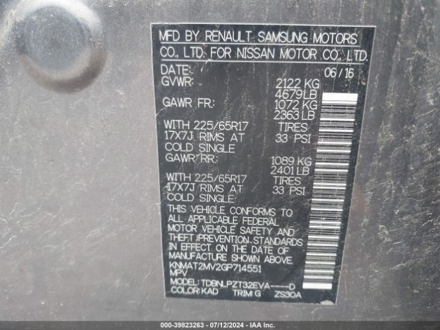 KNMAT2MV2GP714551 Nissan ROGUE S