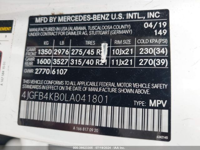 4JGFB4KB0LA041801 Mercedes-Benz Gle 350 4matic