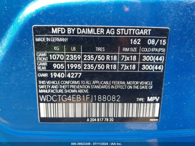 WDCTG4EB1FJ188082 Mercedes-Benz GLA 250