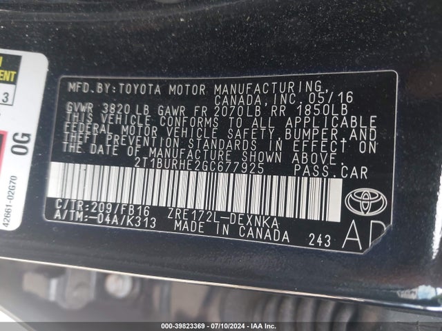 Toyota COROLLA LE 2016 2T1BURHE2GC677925 Image 9