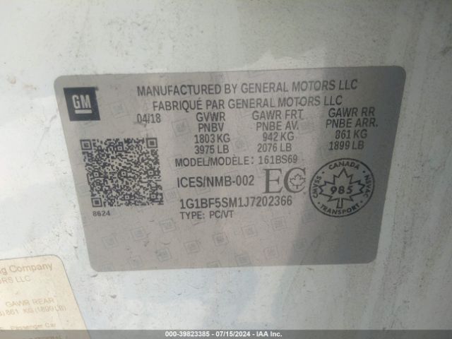 1G1BF5SM1J7202366 Chevrolet Cruze Premier Auto