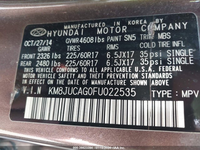 Hyundai TUCSON SE 2015 KM8JUCAG0FU022535 Image 9