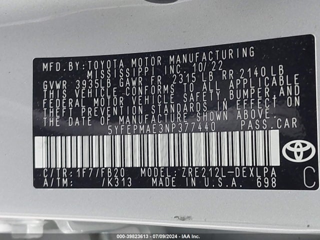 Toyota COROLLA LE 2022 5YFEPMAE3NP377440 Image 9