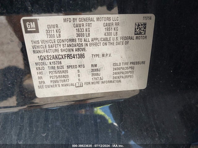 1GKS2AKCXFR541386 GMC YUKON SLE
