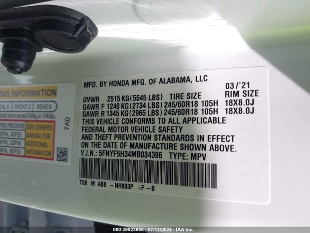 Honda Pilot 2wd Ex 2021 5FNYF5H34MB034396 Image 9