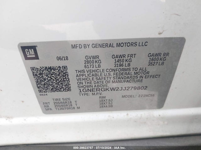 Chevrolet Traverse 1lt 2018 1GNERGKW2JJ279802 Image 9