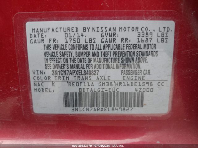 3N1CN7APXEL849827 Nissan Versa 1.6 Sl