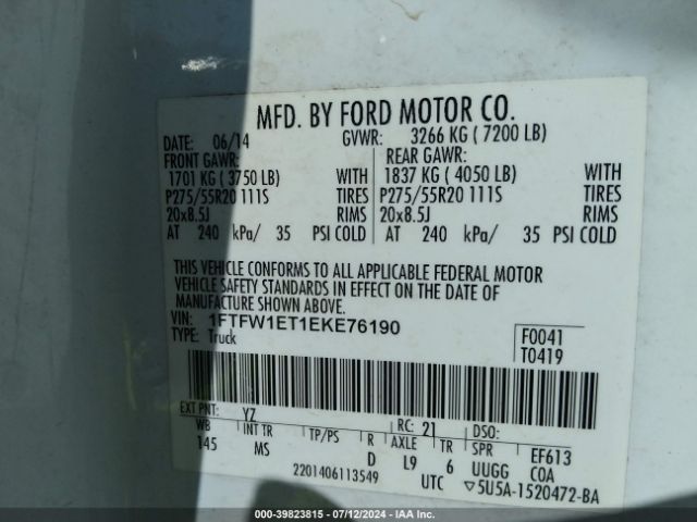 1FTFW1ET1EKE76190 Ford F-150 Xlt