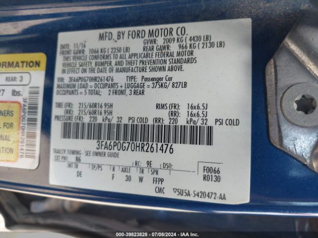 3FA6P0G70HR261476 Ford FUSION S