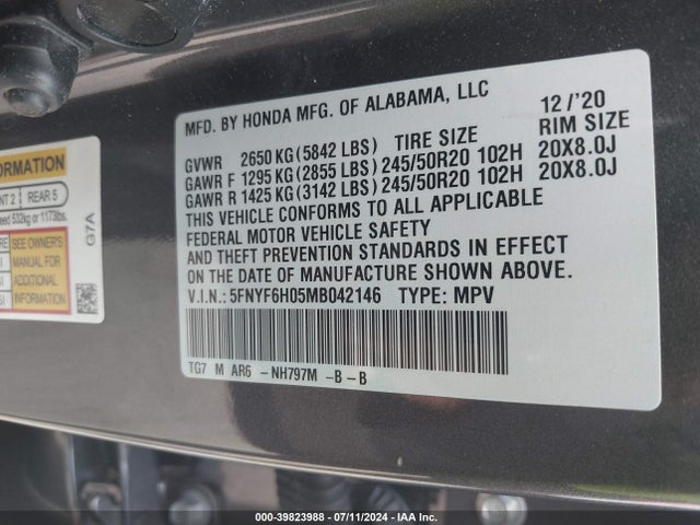 Honda Pilot Awd Elite 2021 5FNYF6H05MB042146 Image 9