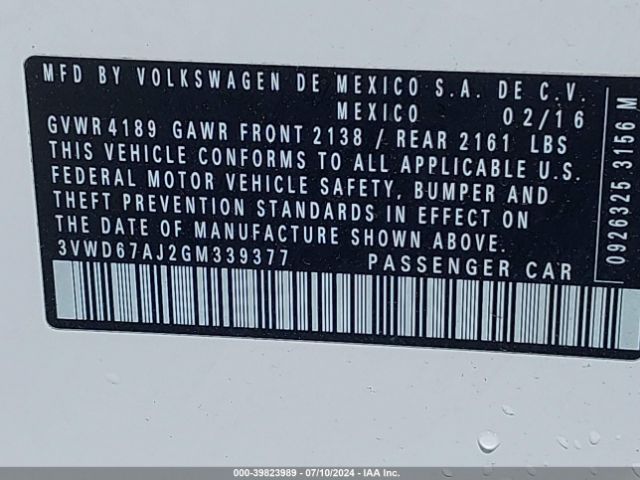 3VWD67AJ2GM339377 Volkswagen Jetta 1.4t Se