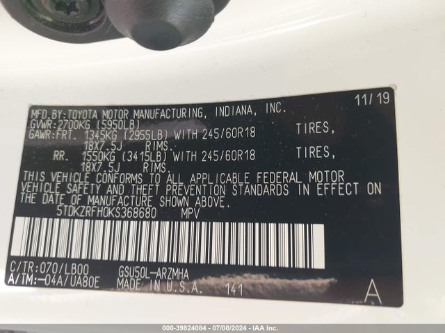 Toyota Highlander Xle 2019 5TDKZRFH0KS368680 Image 9