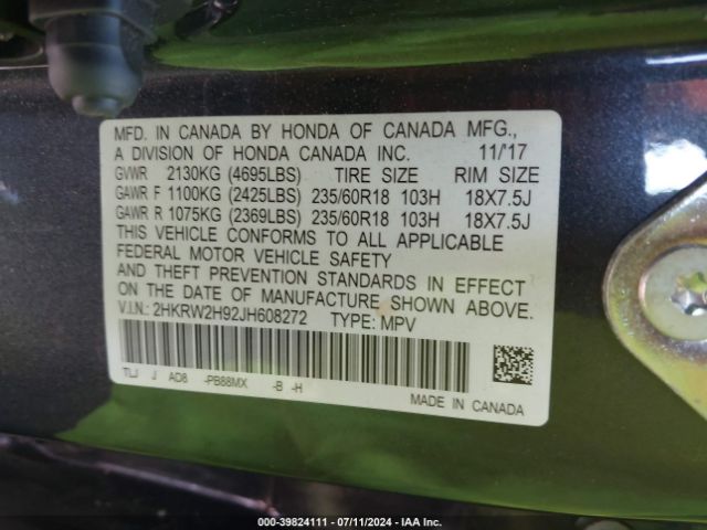 2HKRW2H92JH608272 Honda Cr-v Touring