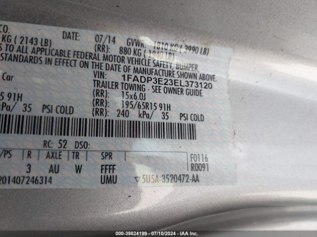 1FADP3E23EL373120 Ford FOCUS S