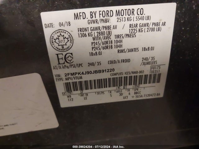 Ford EDGE SEL 2018 2FMPK4J90JBB91220 Image 9