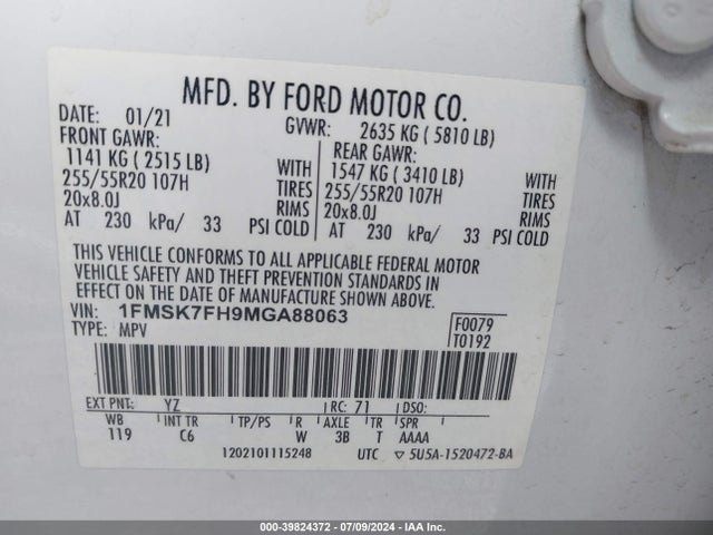 Ford Explorer Limited 2021 1FMSK7FH9MGA88063 Image 9