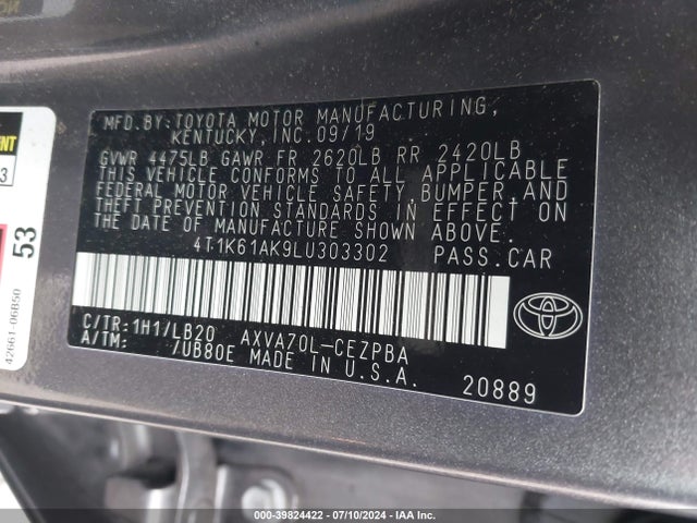 Toyota CAMRY XSE 2020 4T1K61AK9LU303302 Image 9