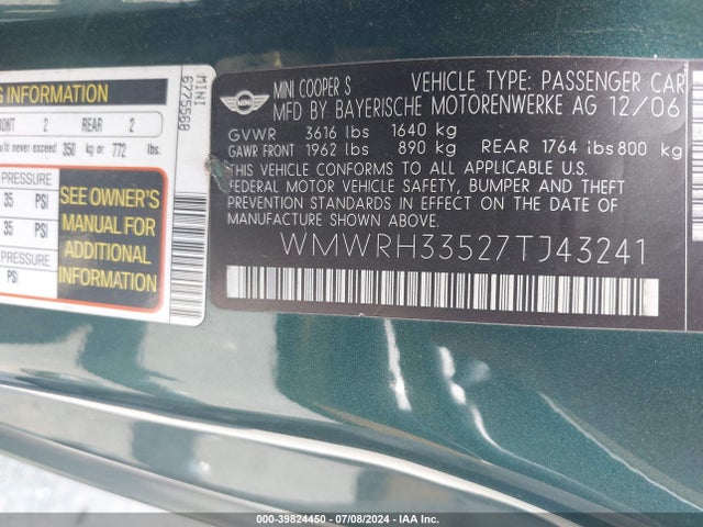 2007 MINI COOPER S WMWRH33527TJ43241 Photo 8