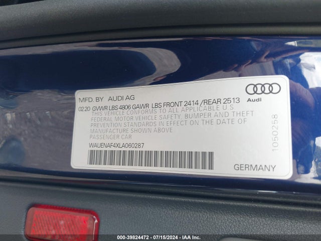 WAUENAF4XLA060287 Audi A4 Premium Plus 45 Tfsi Quattro S Tronic