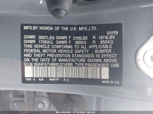 SHHFK7H69KU214395 Honda CIVIC EX