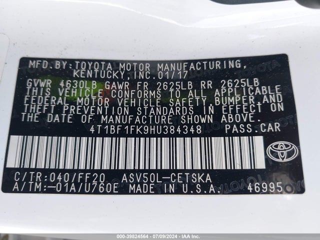 Toyota CAMRY SE 2017 4T1BF1FK9HU384348 Image 9