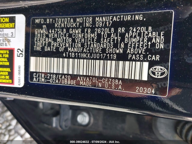 Toyota CAMRY SE 2018 4T1B11HKXJU017119 Image 9