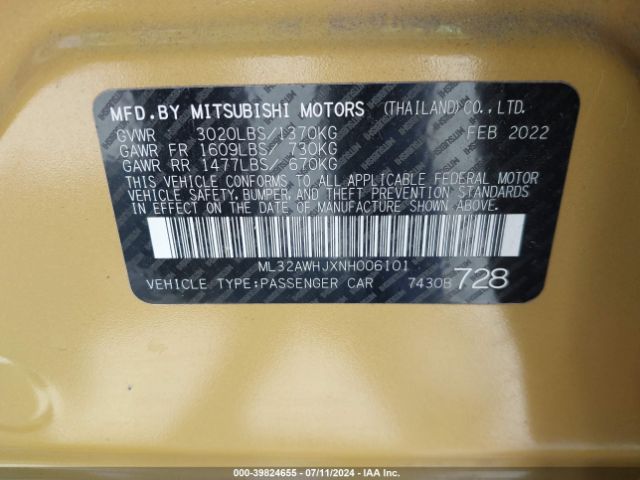 2022 MITSUBISHI MIRAGE ML32AWHJXNH006101 Photo 8