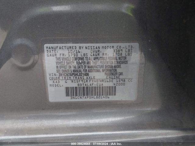 3N1CN7AP5HL821406 Nissan Versa 1.6 S