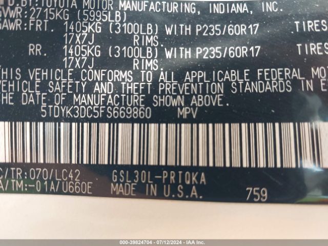 5TDYK3DC5FS669860 Toyota Sienna Xle Premium 8 Passenger