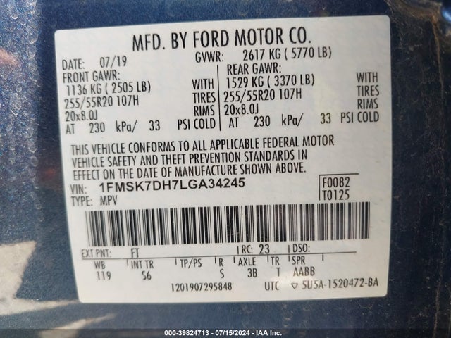Ford EXPLORER XLT 2020 1FMSK7DH7LGA34245 Image 9