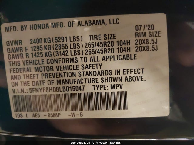 Honda Passport Awd Elite 2020 5FNYF8H08LB015047 Image 9