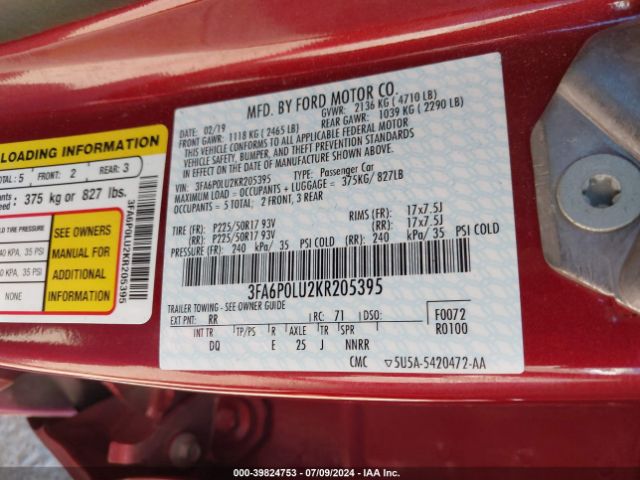 Ford Fusion Hybrid Se 2019 3FA6P0LU2KR205395 Image 9