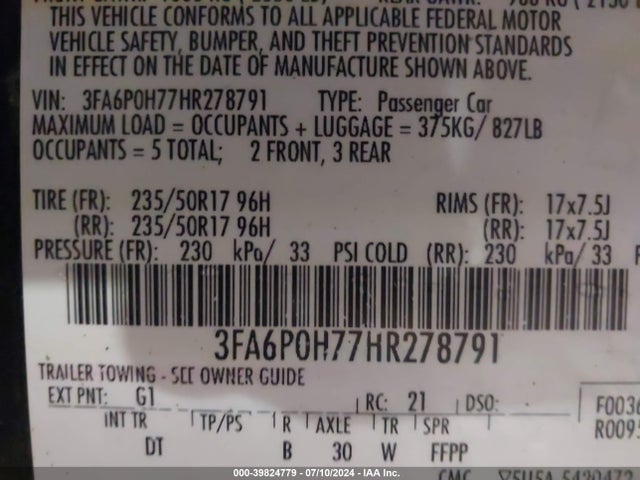 Ford FUSION SE 2017 3FA6P0H77HR278791 Image 9