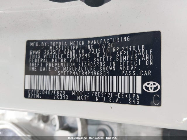 Toyota COROLLA LE 2021 5YFEPMAE8MP196851 Image 9