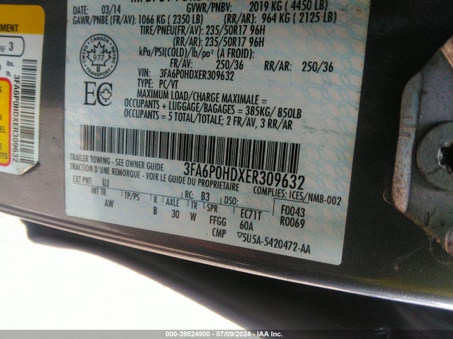 Ford FUSION SE 2014 3FA6P0HDXER309632 Image 9