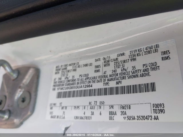 Ford ESCAPE SE 2016 1FMCU0G9XGUA12984 Image 9