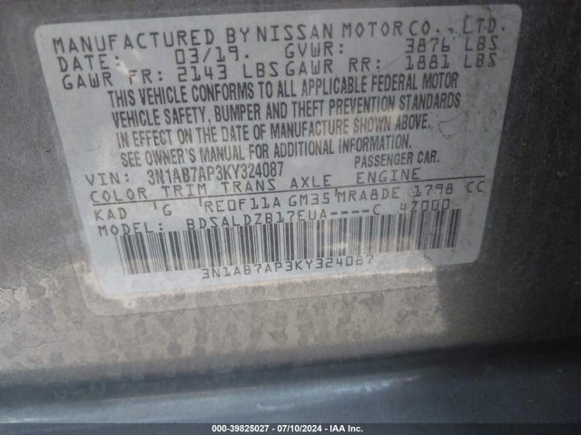 Nissan SENTRA SV 2019 3N1AB7AP3KY324087 Image 9