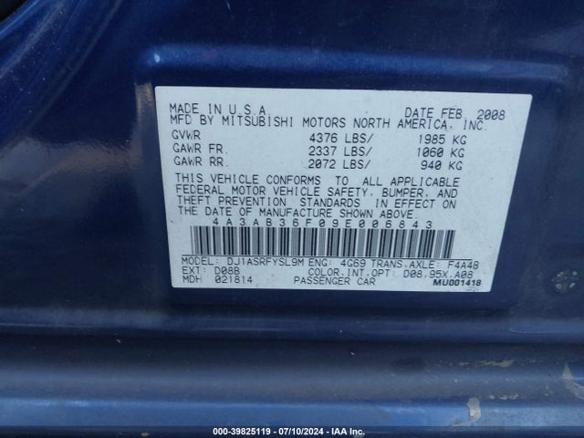2009 MITSUBISHI GALANT 4A3AB36F09E006843 Photo 8