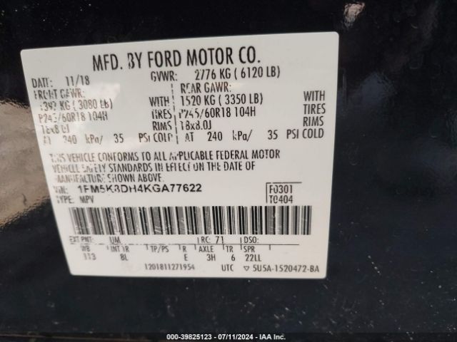 1FM5K8DH4KGA77622 Ford EXPLORER XLT