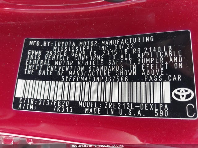 Toyota COROLLA LE 2022 5YFEPMAE3NP367586 Image 9