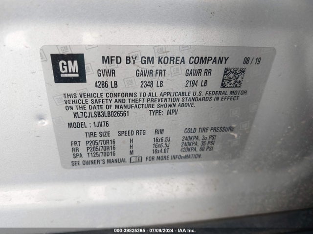 Chevrolet Trax Fwd Lt 2020 KL7CJLSB3LB026561 Image 9